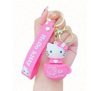 Hello Kitty Pink & White Coffee Cup Keychain – Gold-Tone Charm Wristlet Ring